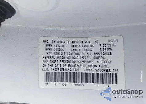 2016 Honda Accord Ex-L V-6 из США, поврежденный, VIN 1HGCR3F8XGA028329